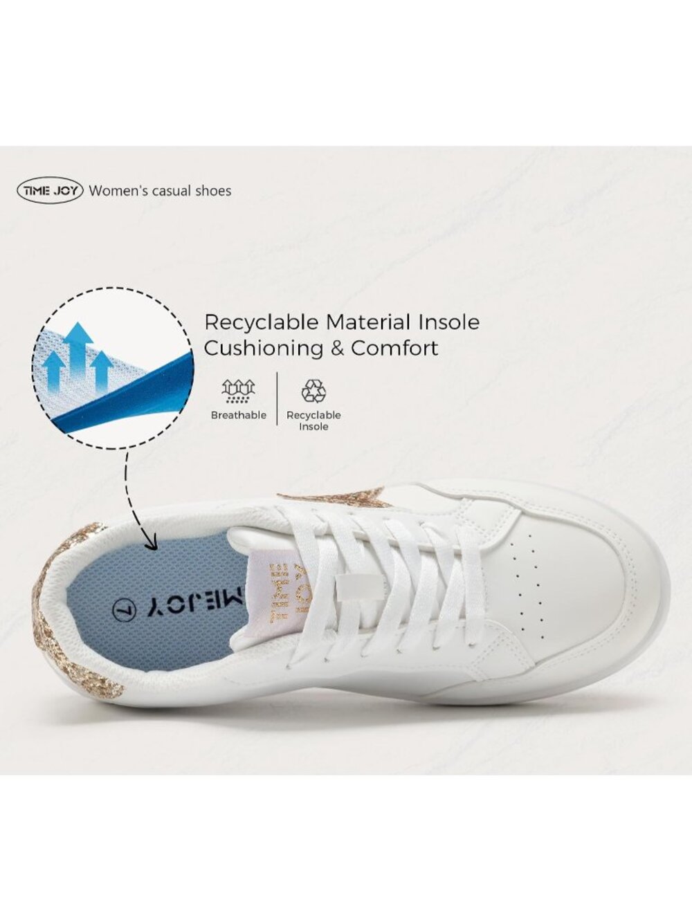 Women's White/Gold Glitter Stylish Sequins Lace-Up Low Top Fashion Star Sneakers - Picture 6 of 7